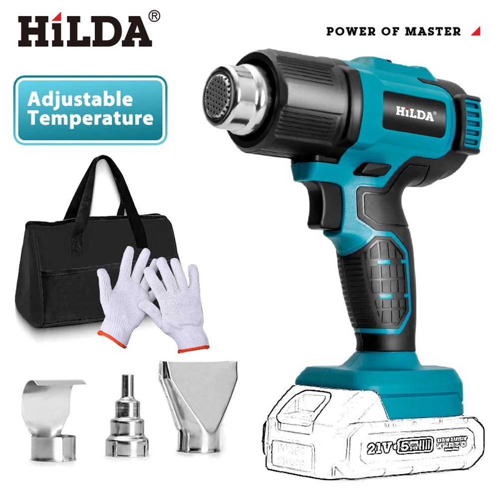 HILDA 21V Handheld Hot Air Gun Temperature Rechargeable Cordless for Makita Battery Electric Heat Gun with Nozzles