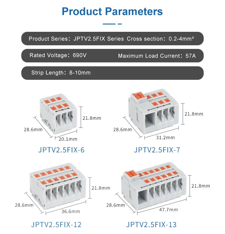 Din Rail Distribution Block PTVFIX Series Push-in Side-entry Terminal Block 2.5 mm² Cable Connector 6/7/12/13/18/19 Connections