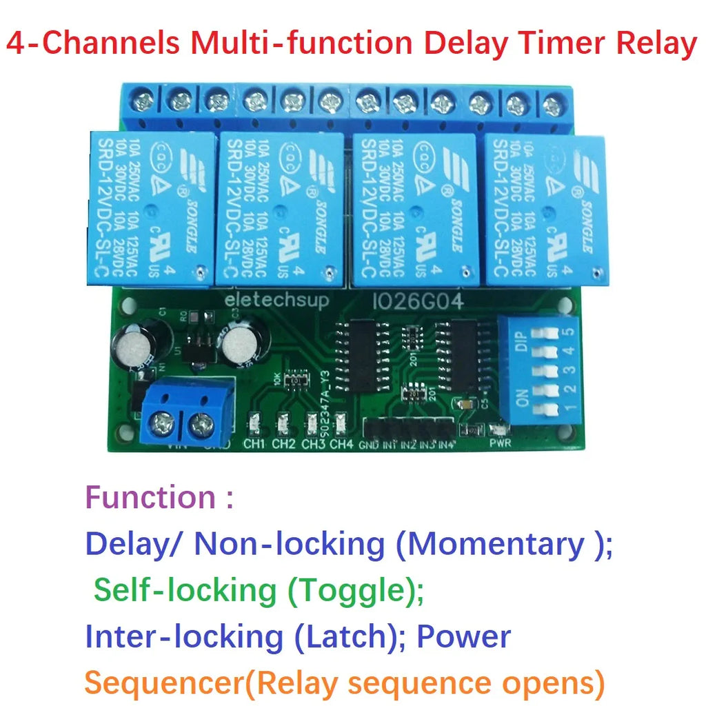 1 PCS 4ch DC 5V 12V 24V DIP Switch Delay Relay Module Flip-Flop Latch Bistable Self-locking Interlock Latch Power Conditioner