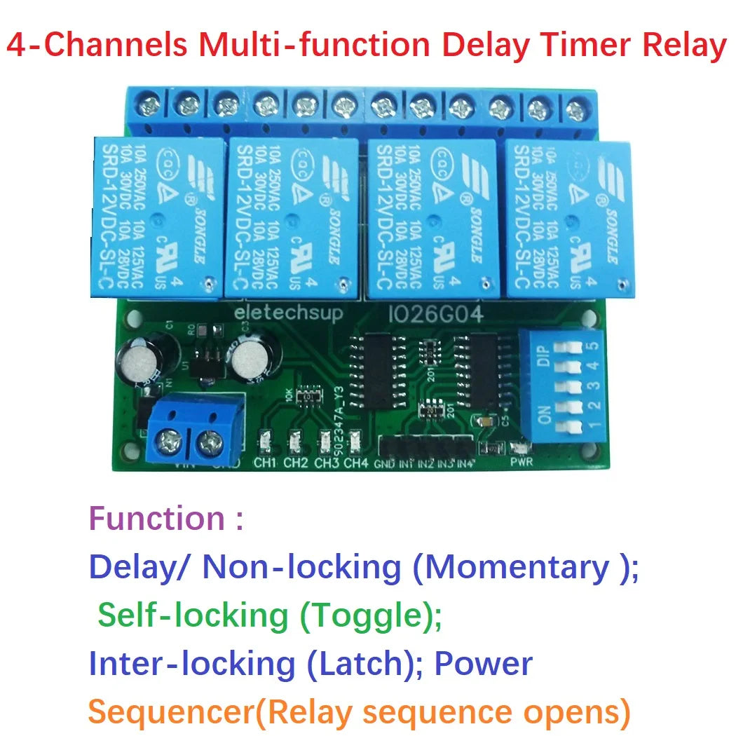 1 PCS 4ch DC 5V 12V 24V DIP Switch Delay Relay Module Flip-Flop Latch Bistable Self-locking Interlock Latch Power Conditioner