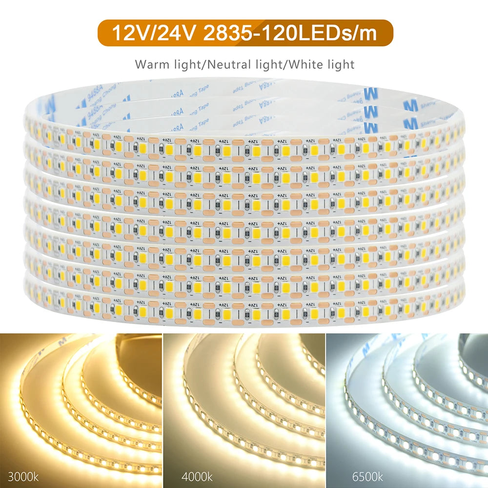 5mm 8mm PCB Led Strip Light 1 LED Cut 12V 24V 5m 2835 SMD 120LEDs/m High Brightness Flexible Tape LED Lighting Ribbon for Home