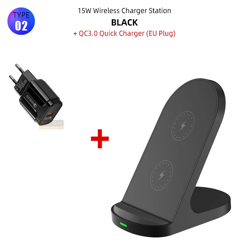 Fast 10W 15W Wireless Charger Stand for iPhone 15 14 13 12 11Pro Samsung Galaxy S24 S23 S22 S21 Note Redmi Charging Dock Station