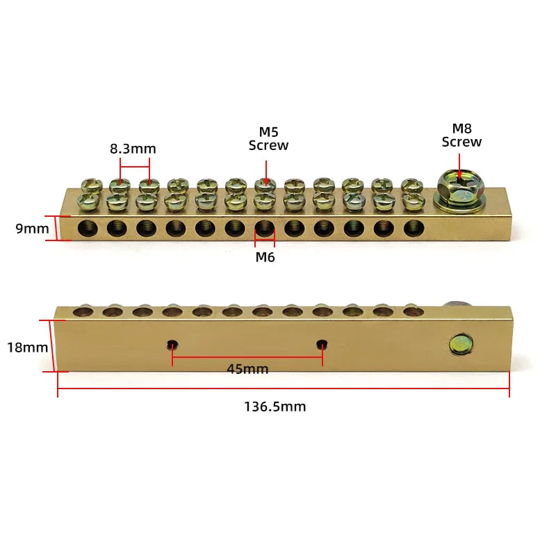 Terminal Block 10*18mm 8/10/12/16/20/24/30/40/50 Way One In Multiple Out High Current Double Neutral Ground Connector Brass Bar
