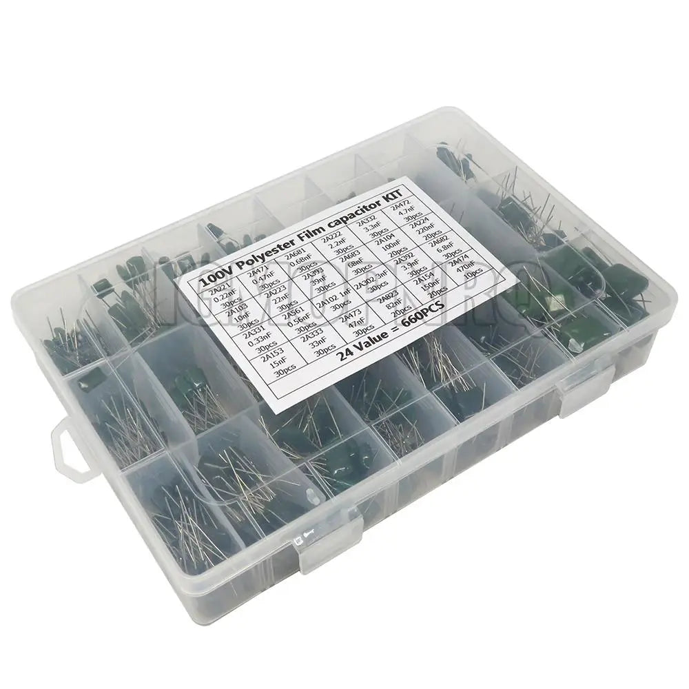 660PCS/lot 24Value Capacitor Kit 100V 2A221J To 2A474J Polyester Film Capacitor Assorted Kit 0.47nF 0.68nF 1nF 2.2nF Capacitors