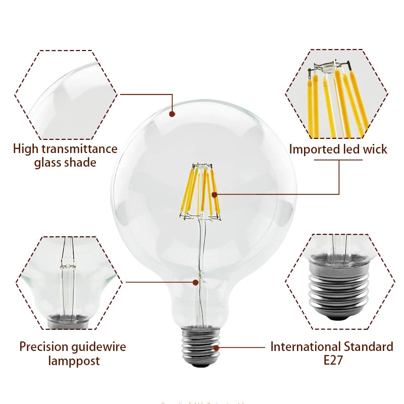 Retro Edison Filament LED Light Bulb E27 AC 220V 240V G80 G95 G125 Globe Light Glass Bulb 2W 4W 6W 8W Lampara LED Lamp