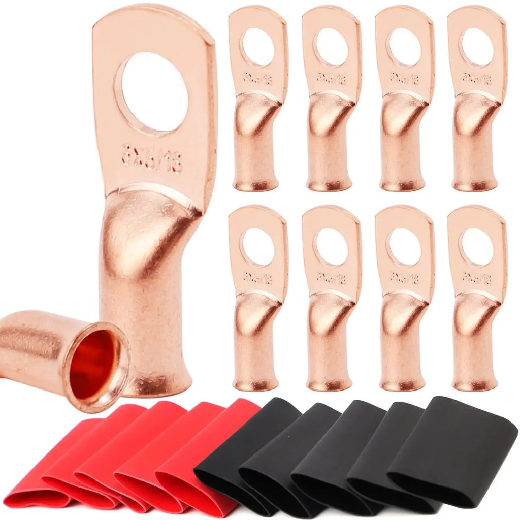 10pcs Copper Terminal Connectors, AWG 2 4 6 8 1/0 2/0 Ring Lug With Shrink Tubing 10Battery Cable Lugs, With 10 Shrink Tubing