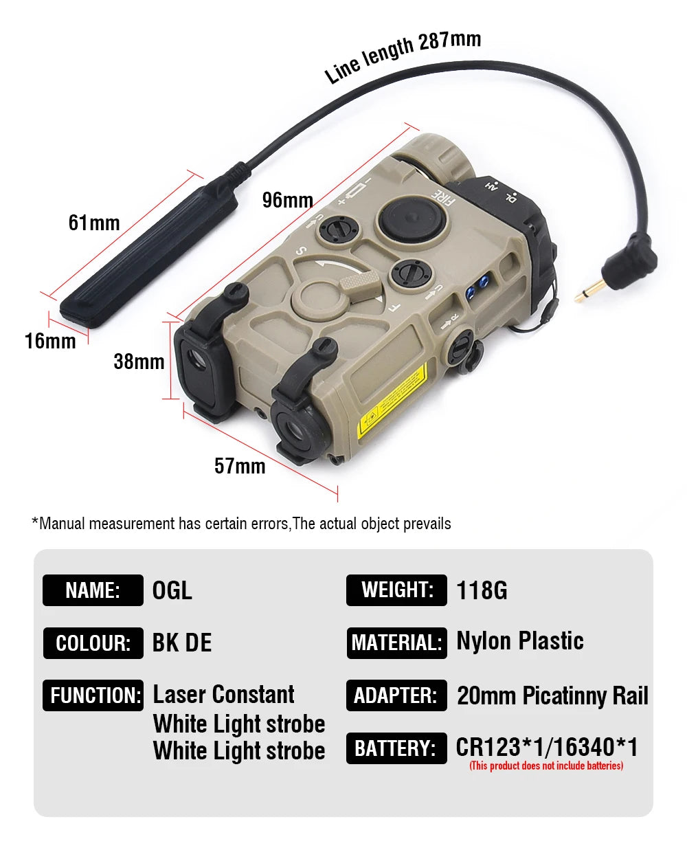Tactical Nylon EOTEC OGL Red Dot Laser Indicator Blue Green IR PEQ-15 with OGL White Strobe Flashlight for Airsoft Gun Rifle