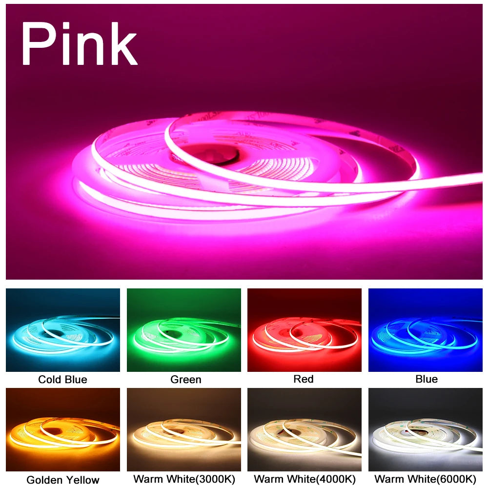 FOB COB LED Strip 12V 24V DC RA90 Flexible High Bright Tape LED 3mm 5mm 8mm 10mm Light Bar Ice Blue White Red Green Pink Yellow