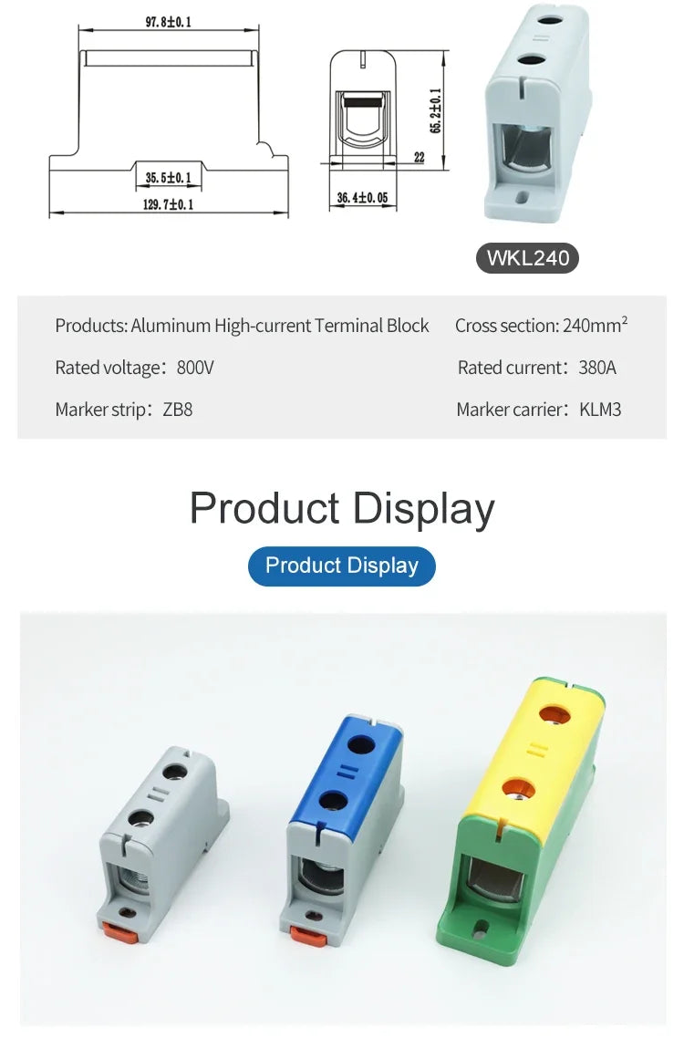 Aluminum Distribution Block Din Rail Mounting WKL 50/95/150/240 mm² Cable Power Connector Terminal Block Box