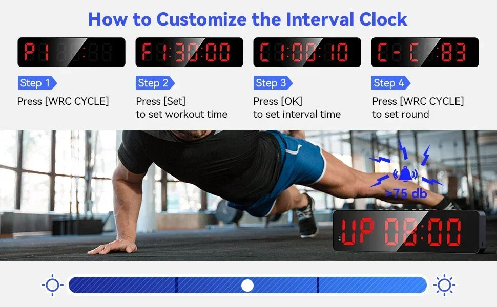 Gym Timer with Remote 12''x 3.5''Ultra-Clear Interval Timer with LED Countdown/Up Wall Clock Power Fitness Timer Stopwatch