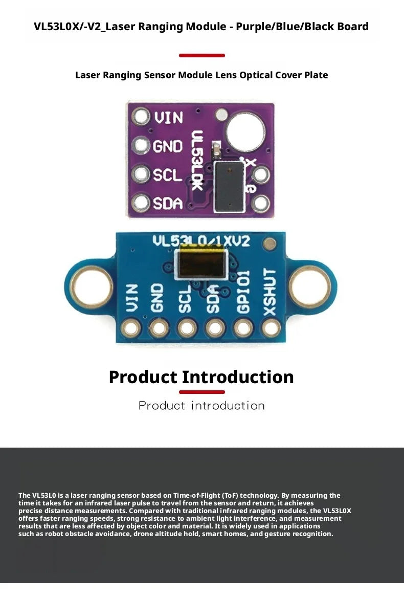 Original New 1pcs VL53L0X‑V2 TOF Laser Infrared Ranging Sensor Module Black/Purple/Blue Board Electronic Components for Arduino