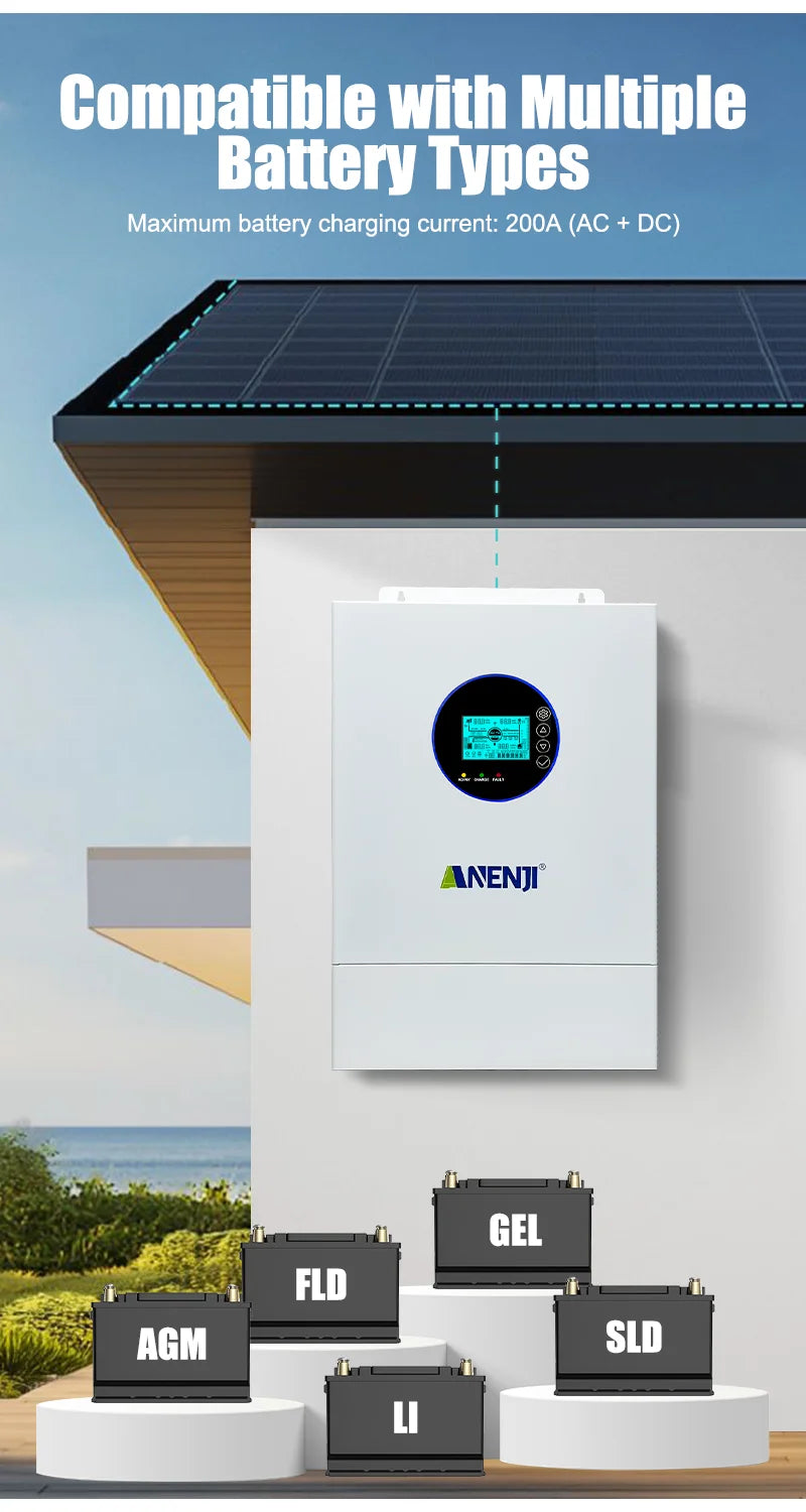 ANENJI Split Phase 12KW 48V Hybrid Solar Inverter Parallel Inverter Pure Sine 120V 220V On Grid MPPT 200A Solar Charger PV 500V