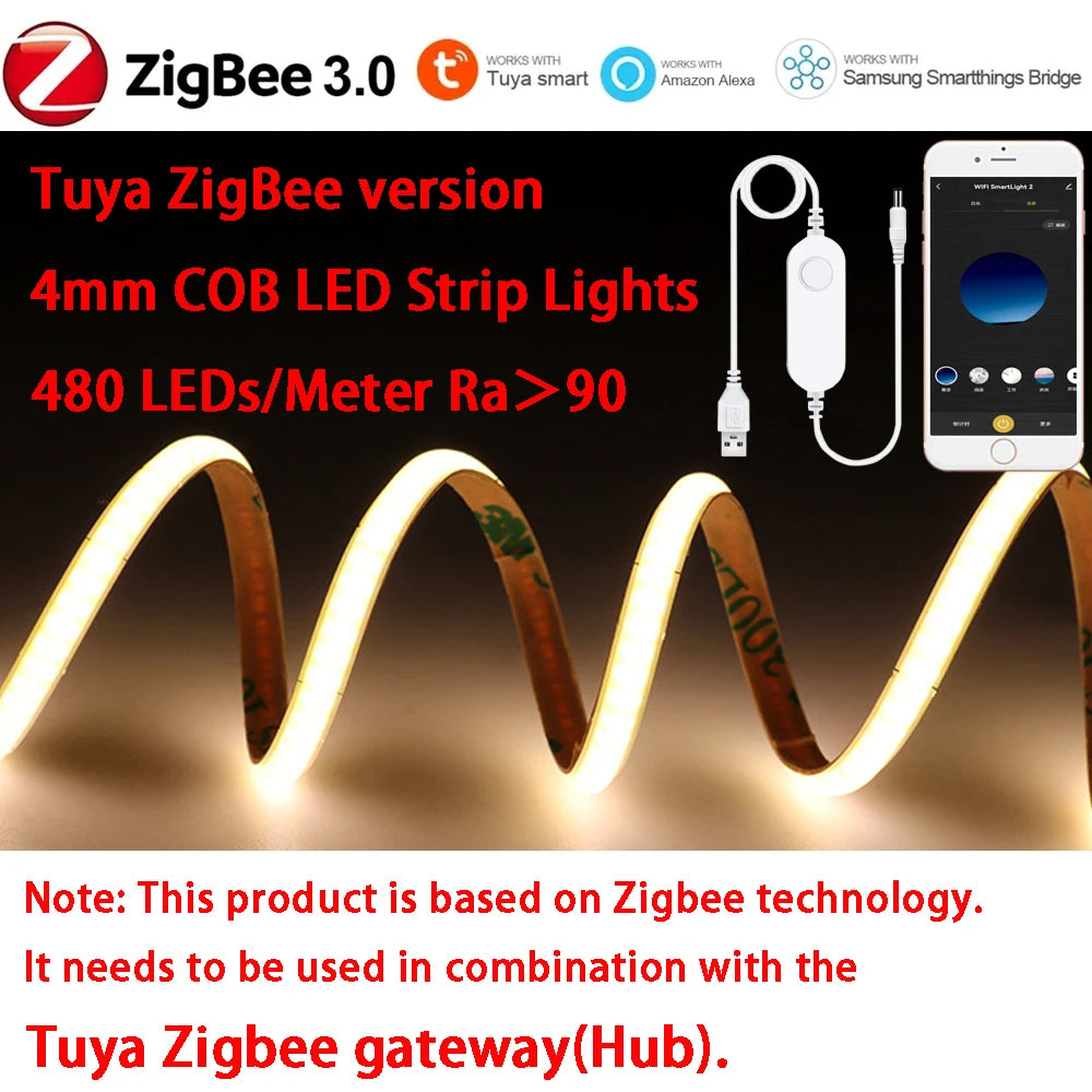 5V USB Tuya WiFi Tuya Zigbee 3.0 Warm White COB LED Strip Light Flexible Dimmable 8mm Width 320leds/m 4mm Width 480leds/m RA90