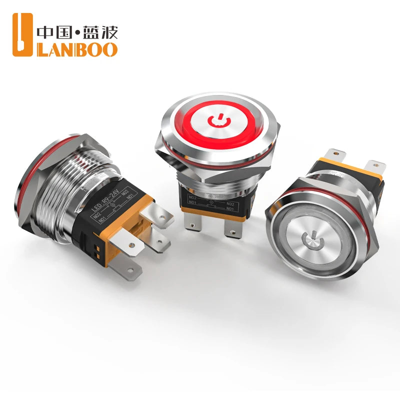 LANBOO 22mm 15A 2NO High Current Push Button Switch with LED 24V 220V Momentary Latching