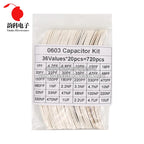 320PCS 720PCS 0603 0805 1206 SMD Capacitor Assorted Kit 16/36/50Values 1PF - 10UF Capacitance Set 100NF 0.1UF 1UF 2.2UF 4.7UF