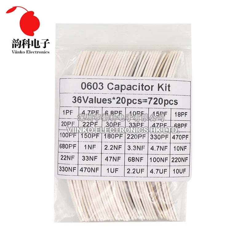 320PCS 720PCS 0603 0805 1206 SMD Capacitor Assorted Kit 16/36/50Values 1PF - 10UF Capacitance Set 100NF 0.1UF 1UF 2.2UF 4.7UF