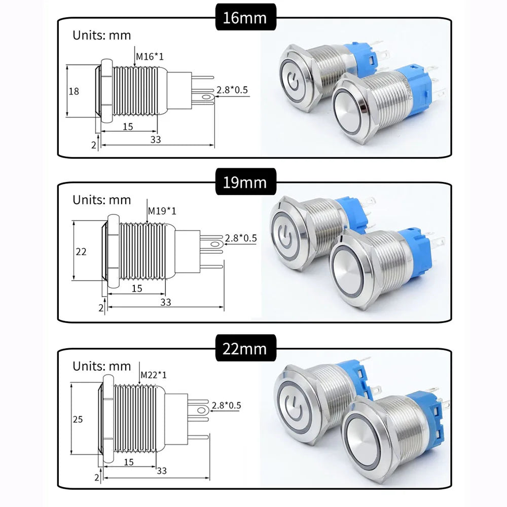 16mm 19mm 22mm Metal Push Button Switch Led Backlit On Off Car Engine Power Start Stop Waterproof With Wire 1NO1NC 5V 12V 220V