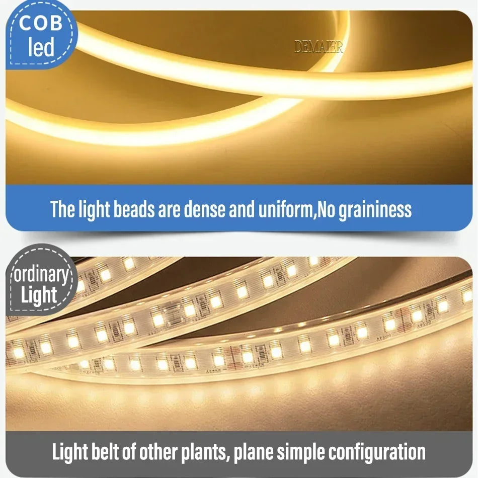 1M-50M 220V COB LED Strip Dimmable 360LEDs/m EU Plug Kitchen Home Room Decoration Flexible Ribbon for Outdoor Garden Lighting