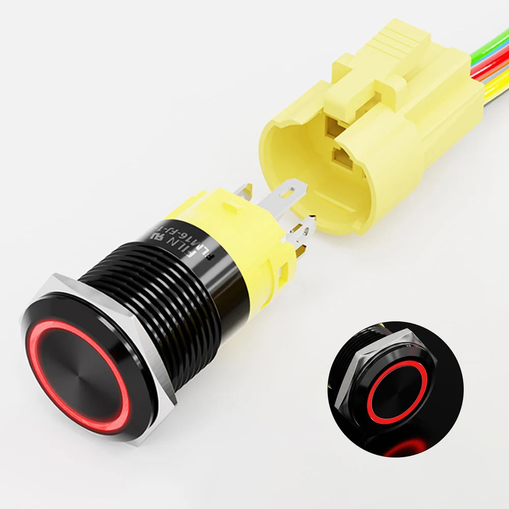 16/19/22mm IP67 Waterproof Push Button Switch LED Ring Light Momentary/Latching Harness Connector Car Engine Power Switches