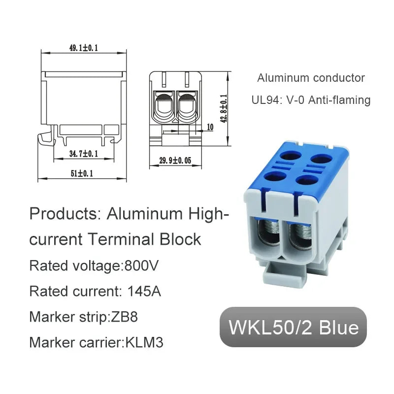 Aluminum Distribution Block Din Rail Mounting WKL 50/95/150/240 mm² Cable Power Connector Terminal Block Box