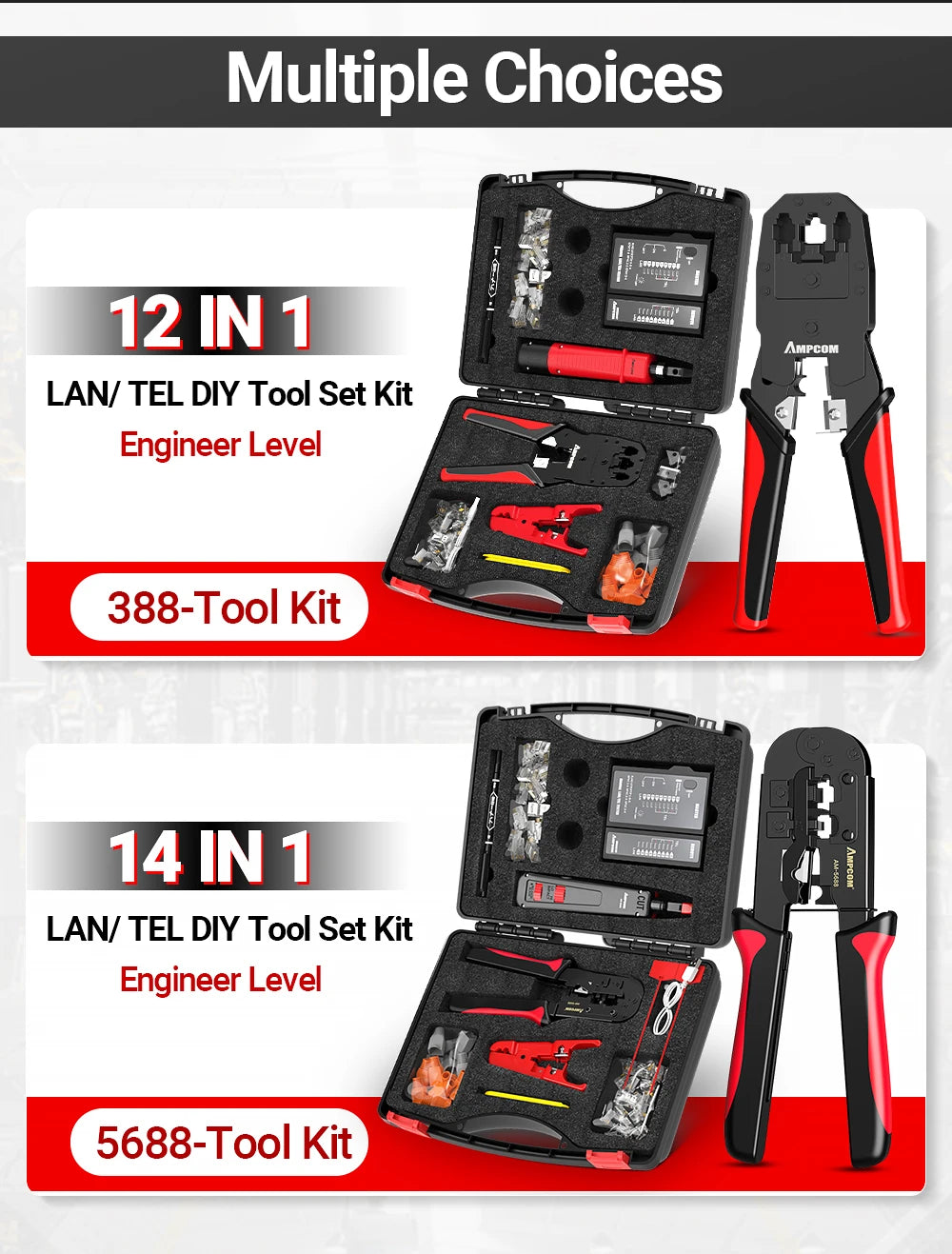 AMPCOM RJ45 Crimper Lan Tester Tool Set Ethernet Cable Stripper Punch Down Tool RJ 45 RJ11 Connectors 12 in 1 Cabling Repair Set