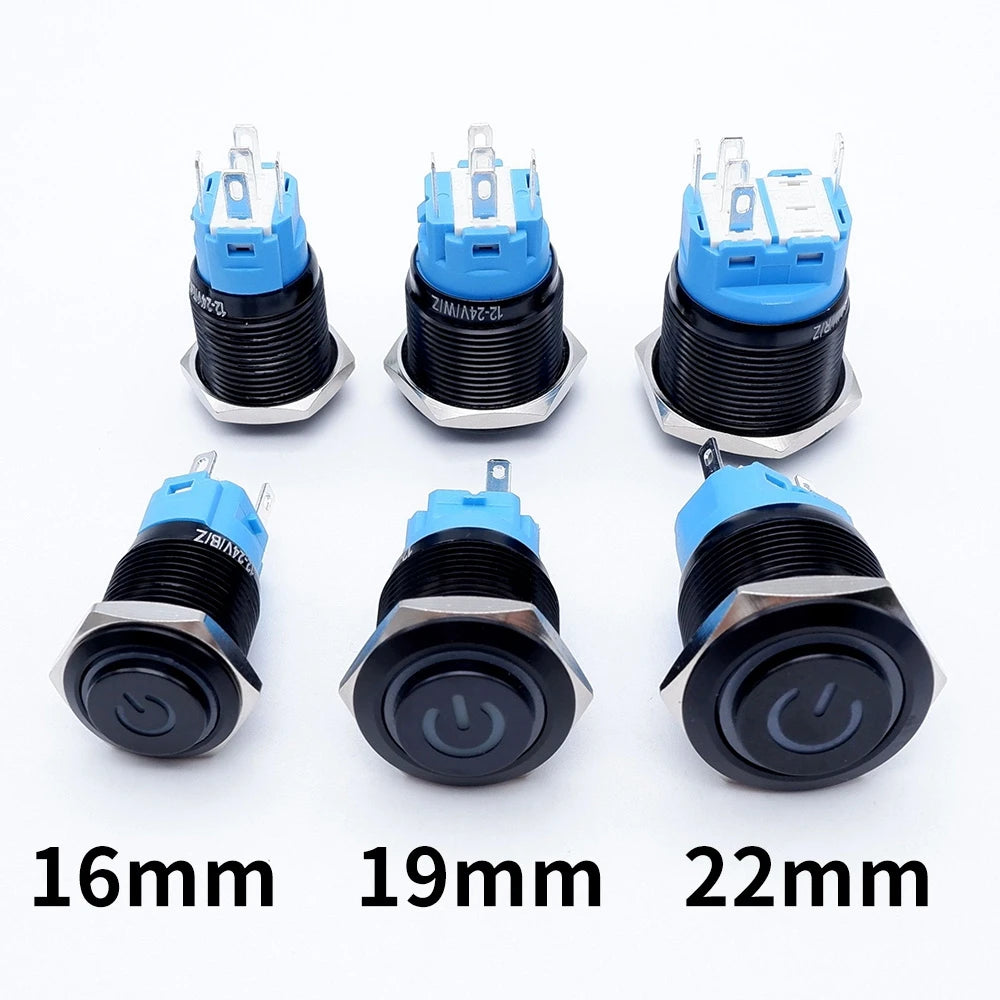 16mm 19mm 22mm Black On Off Metal Button Switch Car Power Start Stop Led Light Waterproof Reset Latching With Socket 5V 12V 220V