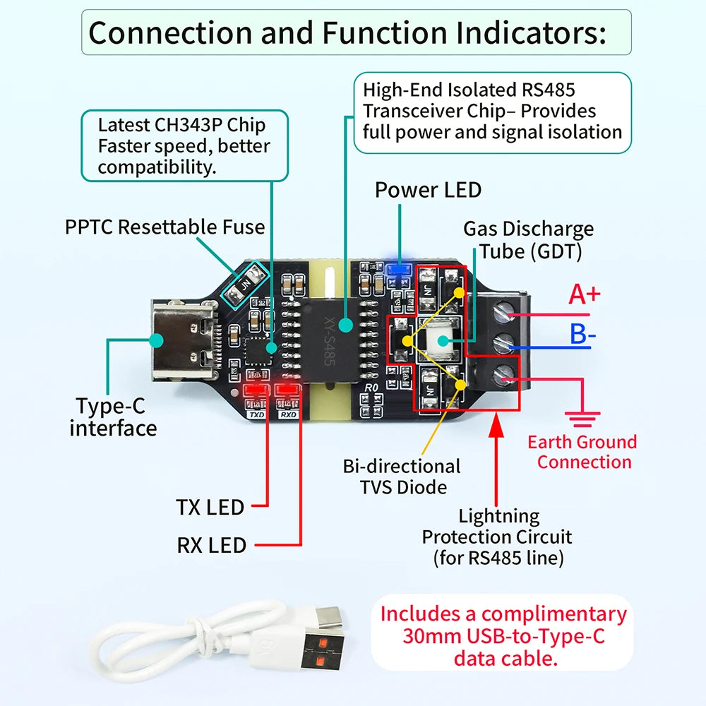 CH343P module 6Mbps USB to RS485 Isolated Converter Industrial Grade Type-C Interface 16KV Isolation Dustproof USB to TTL serial