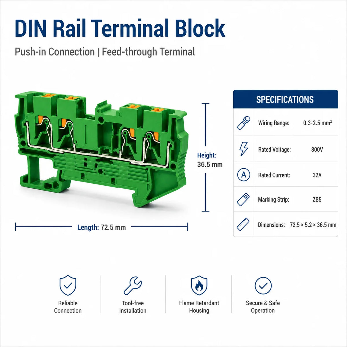 10PCS PT2.5‑QUATTRO 32A, 2‑in‑2‑out DIN Rail Push‑in Spring Double‑Deck Terminal Block, Quick Wiring Terminal Strip