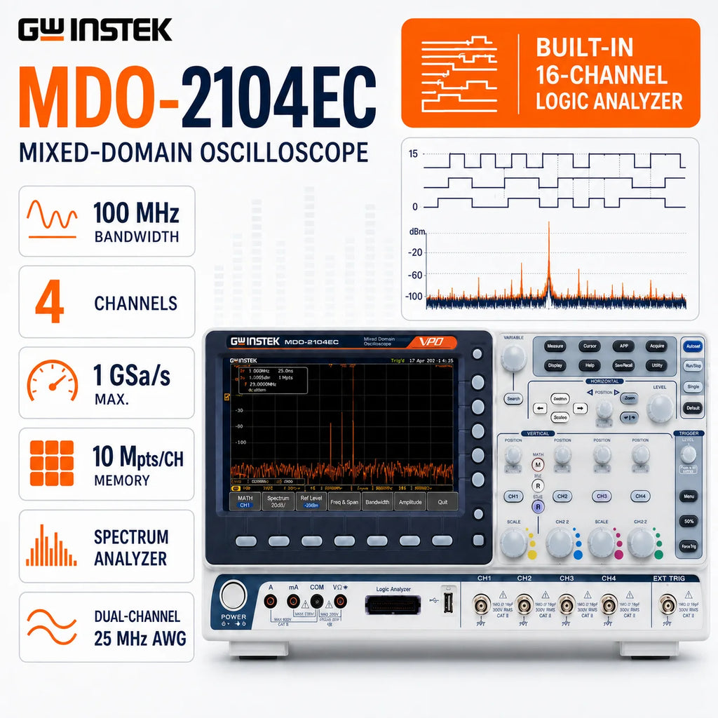 GW Instek MDO-2102EG/2202EG Mixed-Domain Oscilloscope, 100/200 MHz, 2/4-Channel, 1 GSa/s, Spectrum Analyzer, Dual 25 MHz AWG