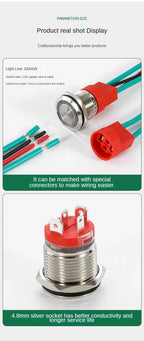 16/19/22mm 20A High Current Metal Push Button Switch IP67 Waterproof LED Light Momentary Latching Car Engine Power Switch Red