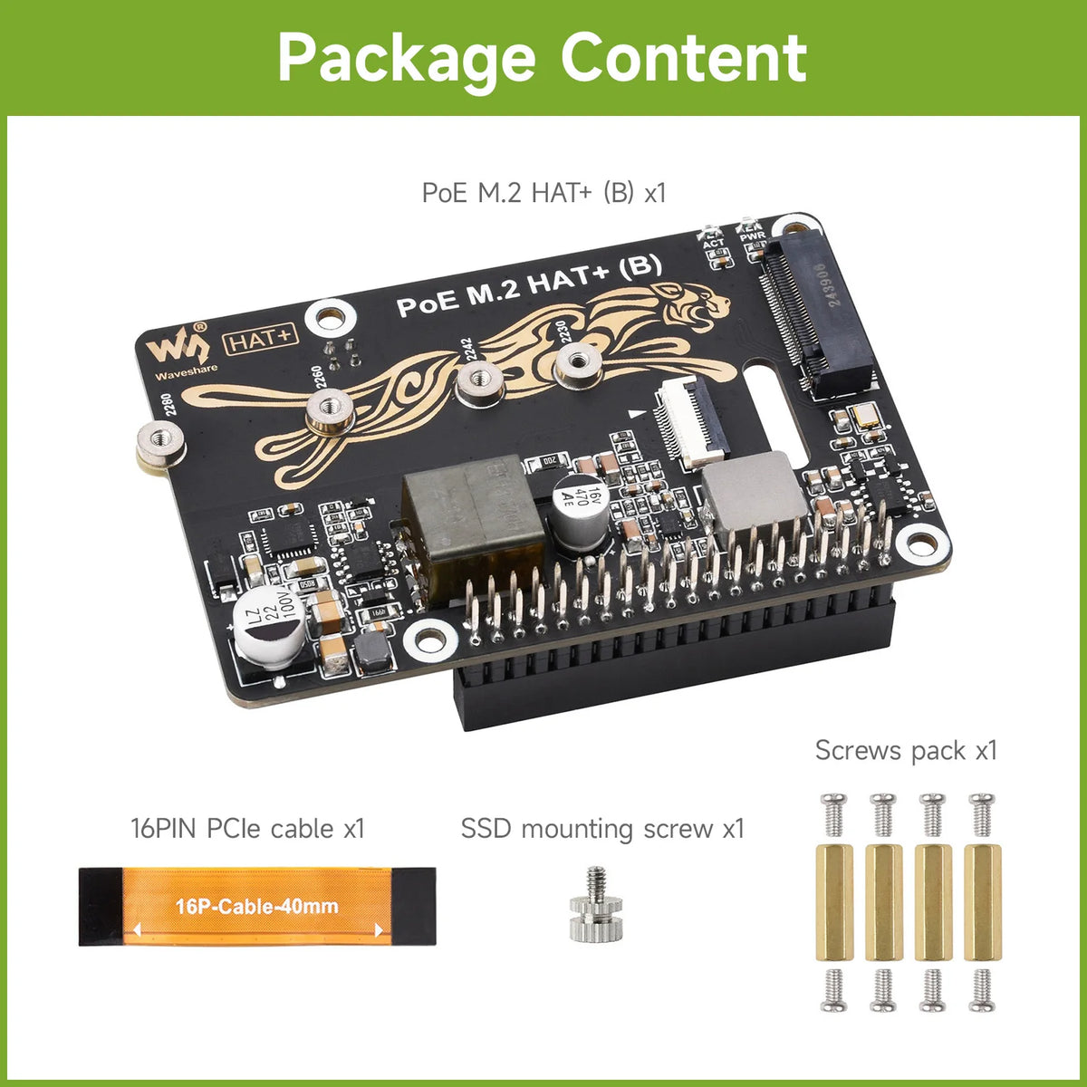 Waveshare PCIe To M.2 Adapter With PoE Function (B) For Raspberry Pi 5, Supports NVMe Protocol M.2 Solid State Drive High-speed