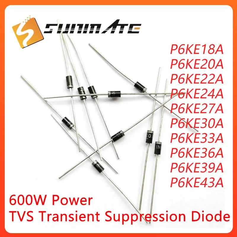50PCS P6KE18A P6KE20A P6KE22A P6KE24A P6KE27A P6KE30A P6KE33A P6KE36A P6KE39A P6KE43A DO-15 TVS transient suppression diode