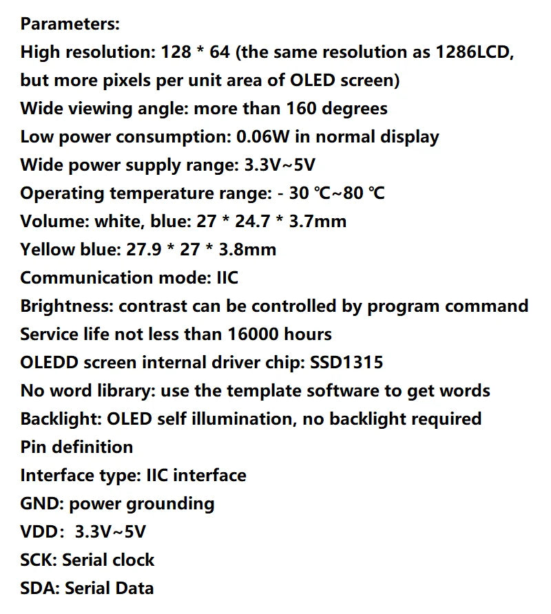 0.96" Inch OLED Display Screen Module I2C IIC 128x64 SSD1315 1306 3.3V-5V Blue/blue Yellow/White for Arduino ESP32 ESP8266