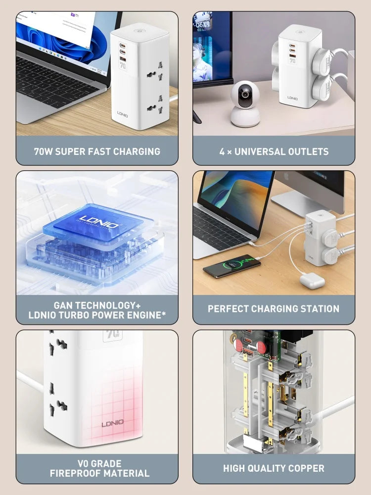 LDNIO Tower Multi Tap Cube Power Strip 70W Charging Stations 4 Outlet Line Filter UK US EU Korean Type Plug To Universal Adapter
