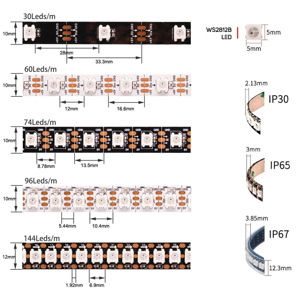 DC5V WS2812B WS2812 Led Strip 30/60/74/96/144leds/m Black White PCB RGB Individually Addressable Pixel Led Light IP30 IP65 IP67