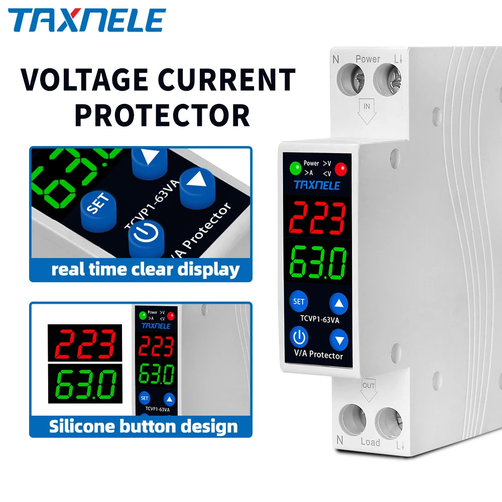 18MM 1P+N 63A 230V Dual Display Adjustable Digital Over Under Voltage Relay Surge Protector Limit Over Current Protection