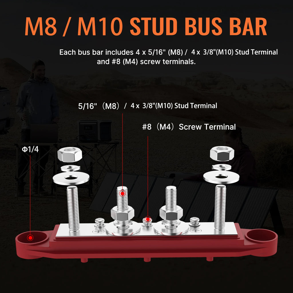 Bus Bar 12V 250A Power Distribution Block 4 X M10 / M8 Studs Marine Bus Bar 12 Volt Battery Busbar Terminal Block for Car Boat