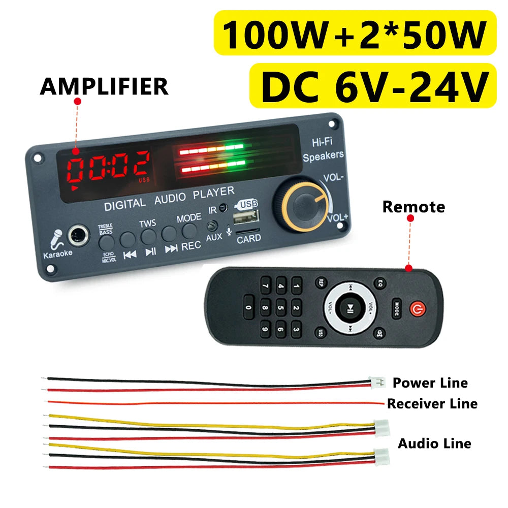 KEBIDU 200W Amplifier Bluetooth 5.3 MP3 Decoder Board Hands-free Car Wireless MP3 Player Mic USB TF FM Radio TWS Music Player