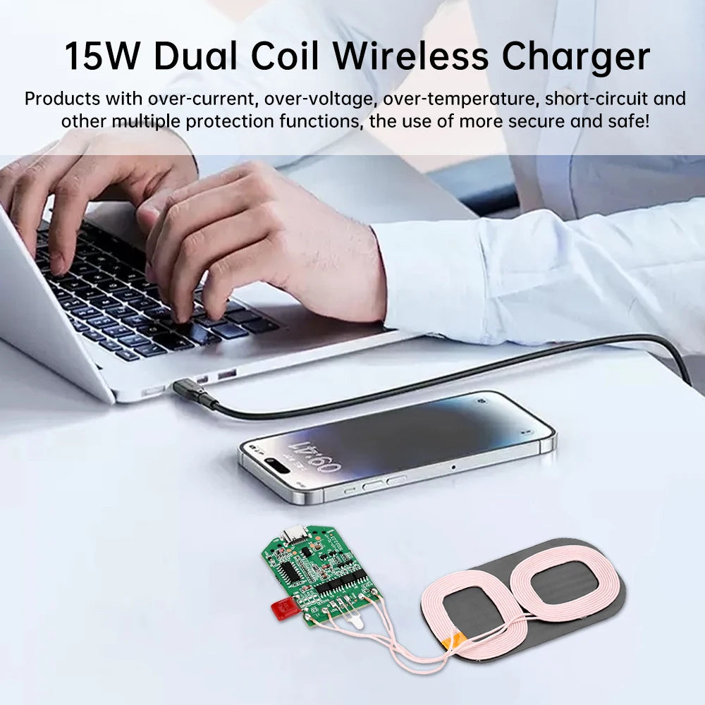 15W dual coil wireless charging module wireless charger PCBA multi-purpose home car equipment wireless charging Type-C interface