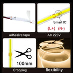220V COB LED Strip 0.5M-10M Flexible Tape Light Smart IC No Need Driver High Bright 240 LEDs Linear Lighting RA95 Warm Ice Blue