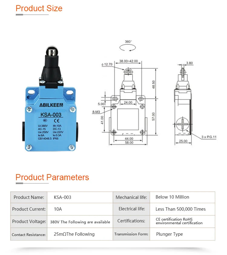 ABILKEEN Stainless Steel IP66 Waterproof KSA Series Industrial Machine Limit Switch Multiple Styles Limit Switch Available