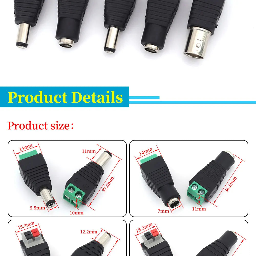 2PCS DC 12V Male Female BNC Connectors 5.5*2.1mm/2.5mm Welding-Free Power DC Plug Adapter Jack Sockets For LED Strip CCTV Camera