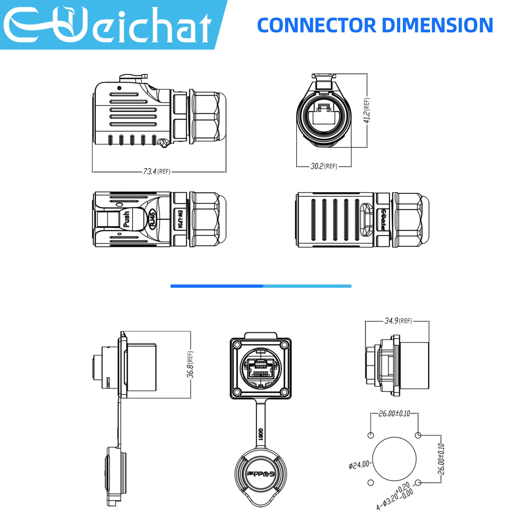 LP24 Waterproof RJ45 Connector IP68 Industrial Ethernet LAN Cable Connector Outdoor Modular Jack Network Connector