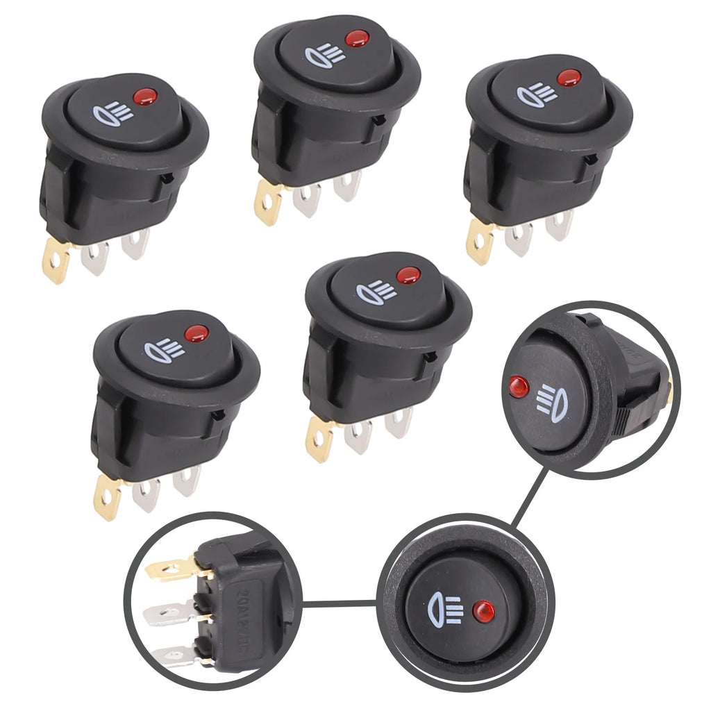 5Pcs Black On-OFF Rocker Switch Set Round DC 12V 20A Red Led Fog Light Lamp Symbol Car Van Truck Boat Rocker Switch