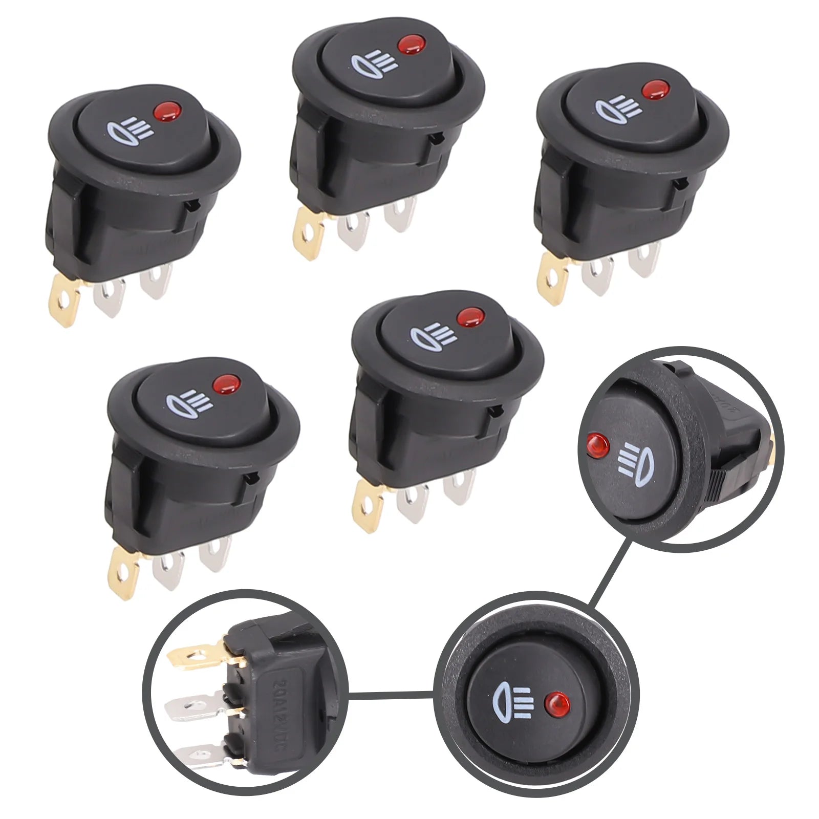 5Pcs Black On-OFF Rocker Switch Set Round DC 12V 20A Red Led Fog Light Lamp Symbol Car Van Truck Boat Rocker Switch