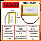 2.0-4.0AH 103450 Polymer Lithium Rechargeable Battery JST PH 2.0mm 2pin Plug for Camera GPS Navigator MP5 Bluetooth Headset