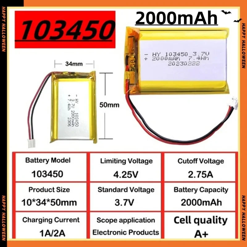 2.0-4.0AH 103450 Polymer Lithium Rechargeable Battery JST PH 2.0mm 2pin Plug for Camera GPS Navigator MP5 Bluetooth Headset