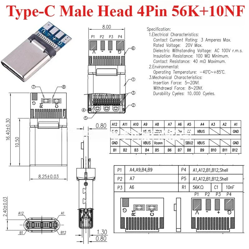 5PCS USB 3.1 Type-C Connector 24 Pins Male / Female Socket Receptacle Adapter To Solder Wire & Cable 24 Pins Support PCB Board