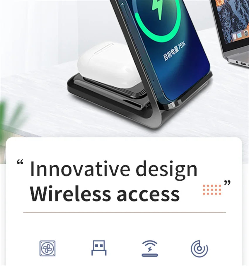 3 in 1 Wireless Charger Stand Fast Charging Dock Station for iPhone 15 14 13 12 11 X 8 Apple Watch 8 7 6 iWatch Airpods Pro