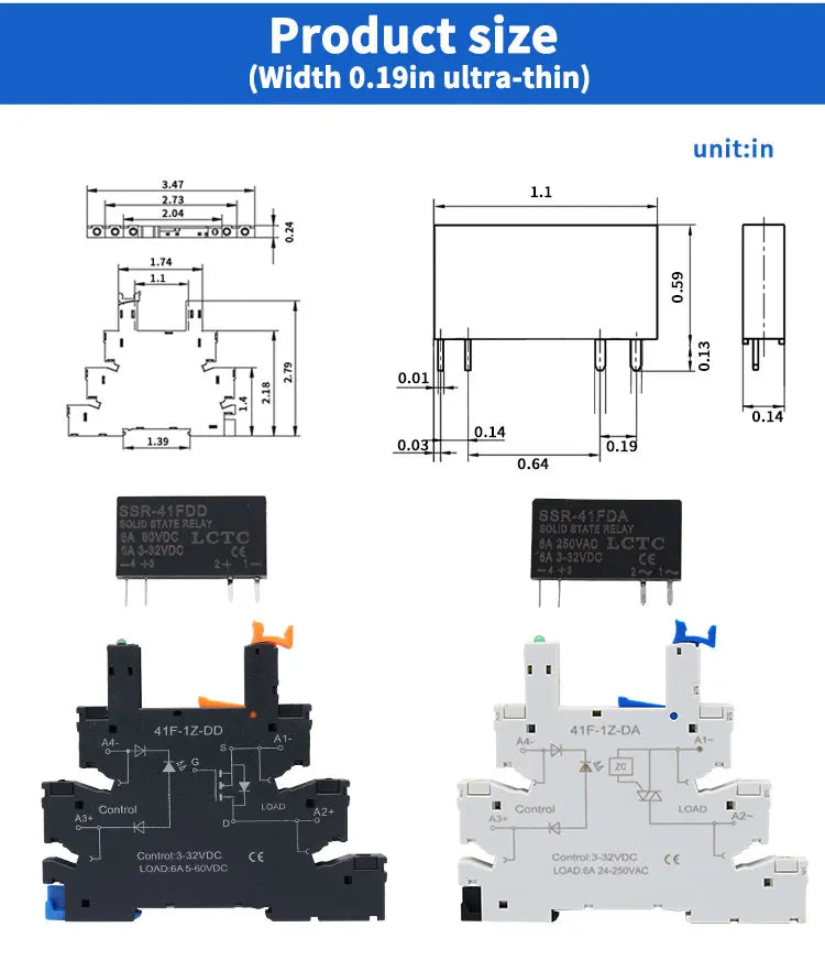 10PCS DIN Rail Mounted Solid State Relay Slim SSR Relay Module DC Control AC DC Control DC 6A SSR-41FDA/DD